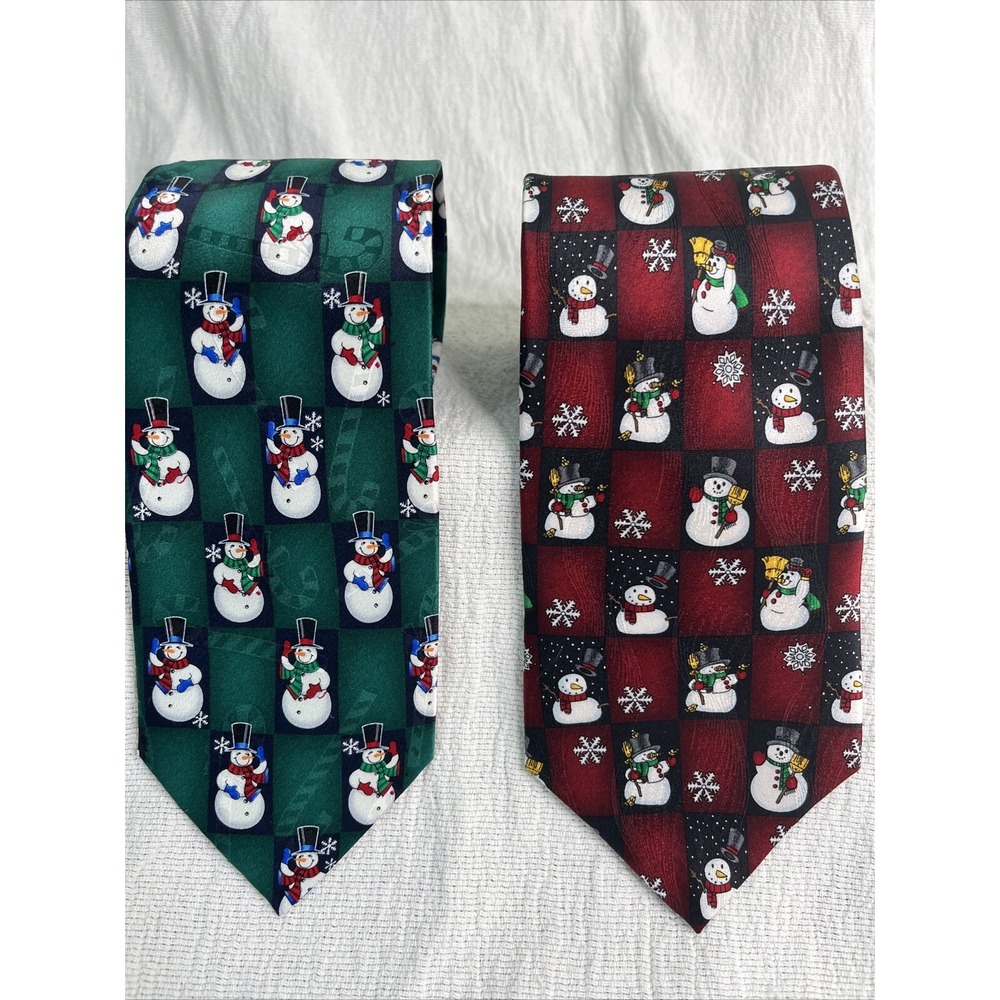 2 - Hallmark‎ Silk Tie Snowman Christmas Yule Greetings 58" Vintage Green/Red